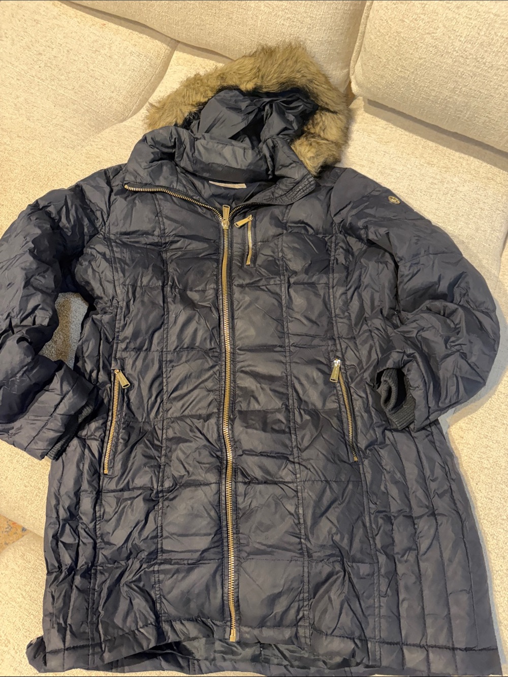 Michael Kors Navy Quilted Hooded Puffer with Faux Fur Trim